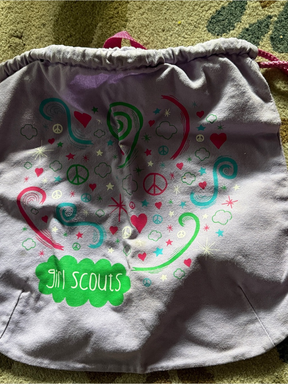 Girl Scouts Lavender Drawstring Backpack with Heart & Peace Print